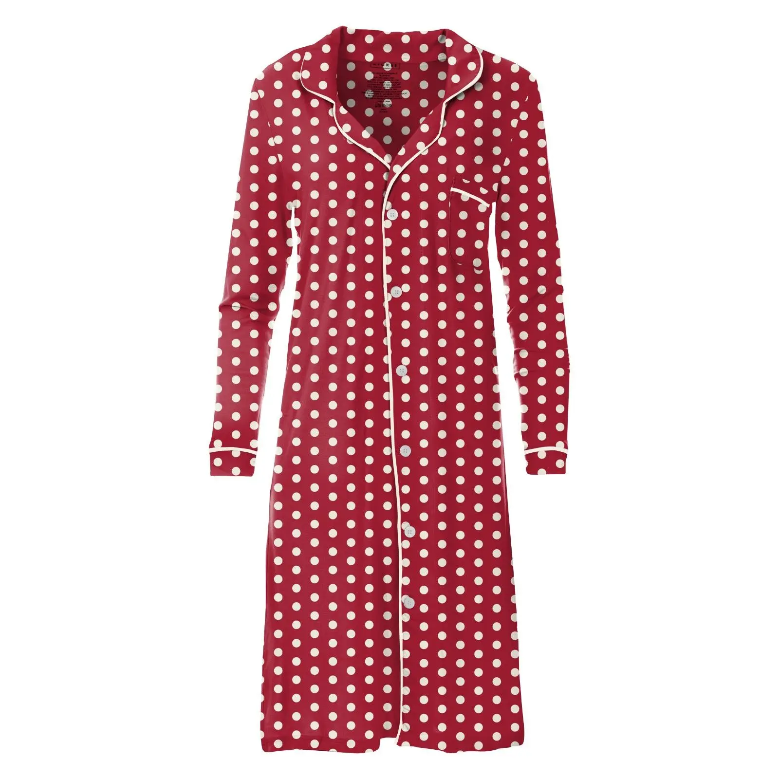Women's Print Long Sleeve Button Down Nightgown in Candy Apple Polka Dots