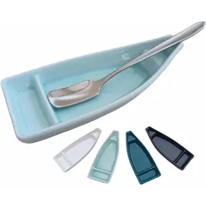 Coffee Stirring Spoon and Rest for Coffee Bar Accessories, Small Spoon Rest for Coffee Station, Coffee Spoon Holder for Coffee Bar Tea Spoon Teaspoon Rest, 1 PC (Oar Spoon with Turquoise Boat Rest) Cutlery Tableware