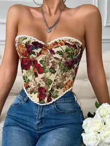 Women's Floral Print Lace Up Corset Top, Fashionable Tube Top for Daily Wear, Women's Shapewear for All Seasons, Womenswear, Casual Fitted Sleeveless Clothes, Floral Print Bandeau, Adjustable Strap Sleeveless