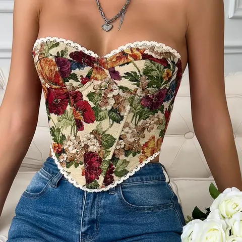 Women's Floral Print Lace Up Corset Top, Fashionable Tube Top for Daily Wear, Women's Shapewear for All Seasons, Womenswear, Casual Fitted Sleeveless Clothes, Floral Print Bandeau, Adjustable Strap Sleeveless, Sleeveless Printed Top
