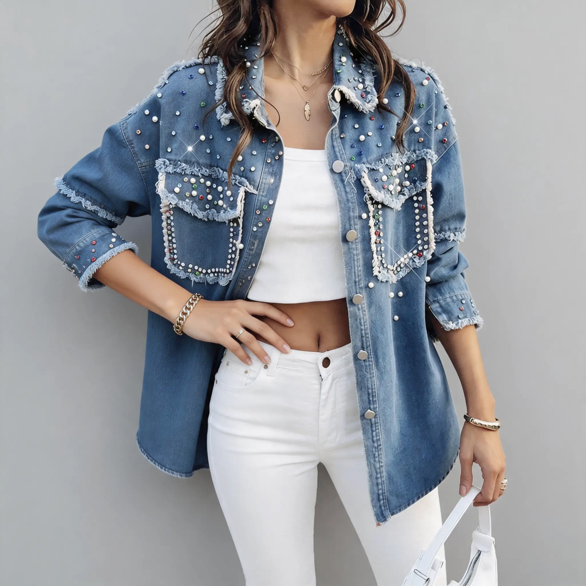 Women's Loose Beaded Color Block Long Sleeve Denim Top - Everyday Casual Moto Studded Blue Jacket
