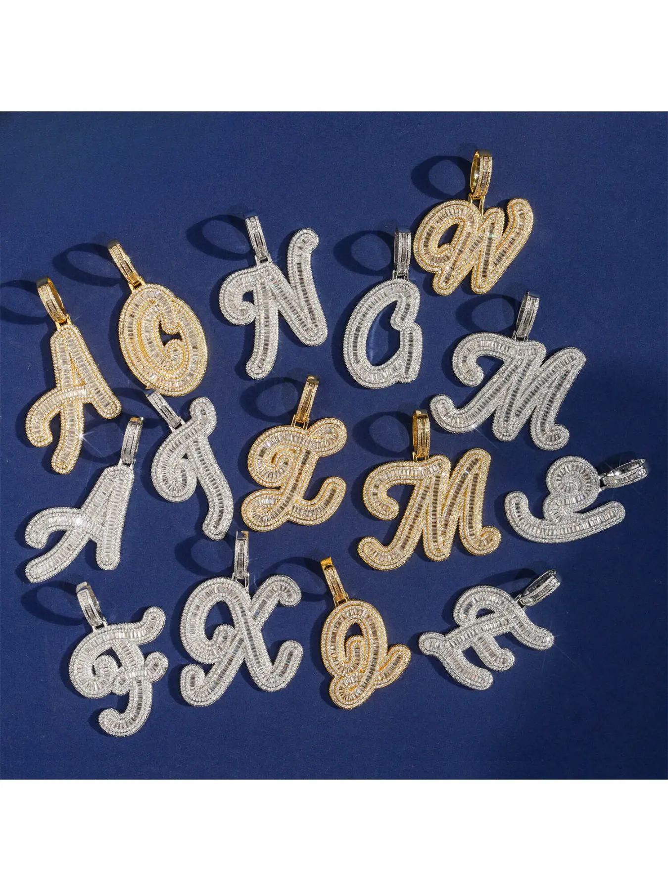 Hip Hop Brass Jewelry 18k Gold Plated Fashion Alphabet Pendant A-Z Letter Pendants baguette CZ Diamond Letters with Necklace Unisex Iced Out Jewe