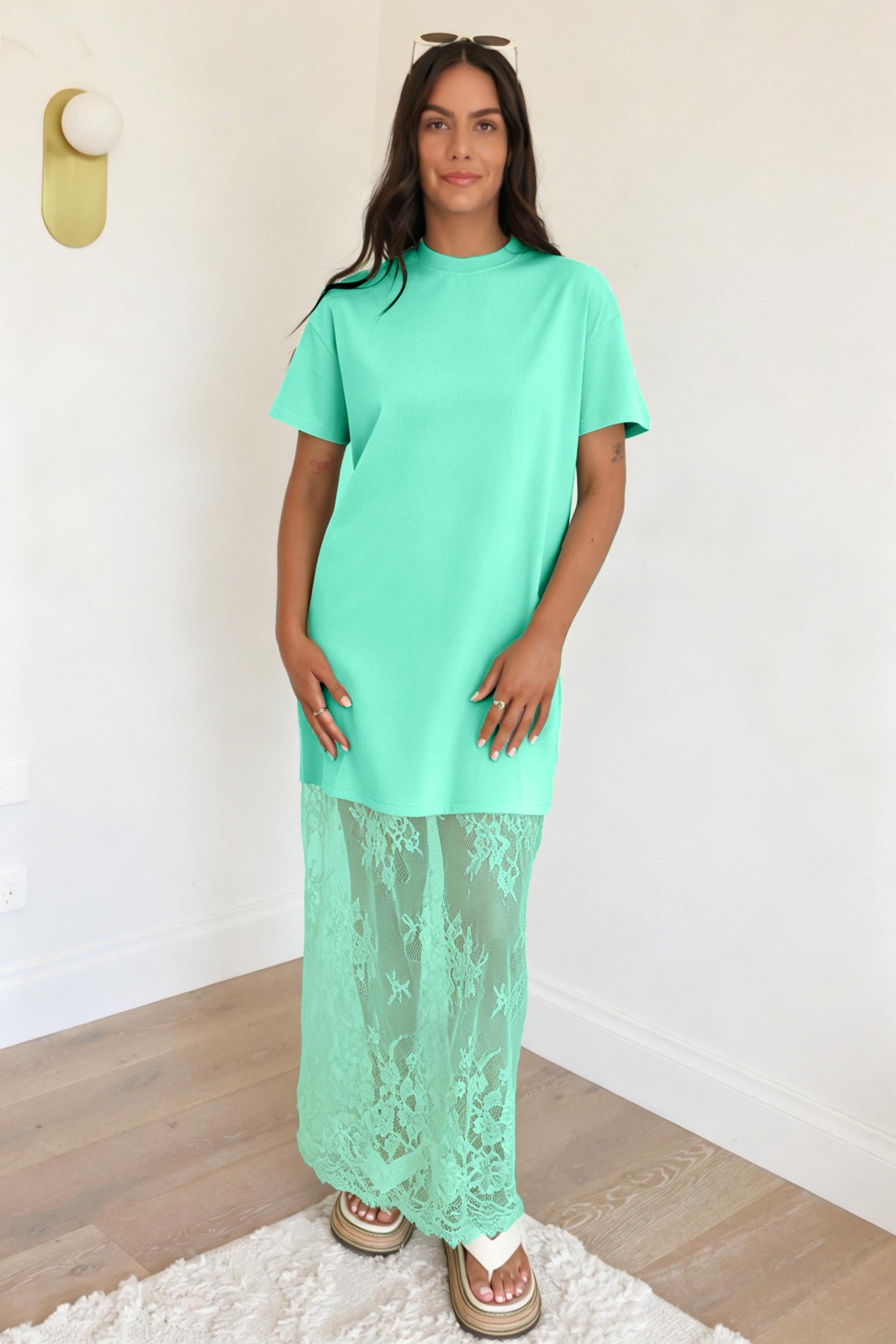Mntaor Women's Oversized T-Shirt Maxi Dress with Sheer Lace Hem Drop Shoulder Short Sleeve Perfect for Street Style