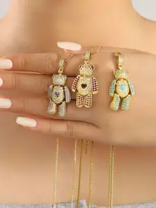 Plated Cz Teddy Bear Necklace with Colored Heart Pendant, Sparkling Rhinestone Bear Jewelry for Women, Punk Style