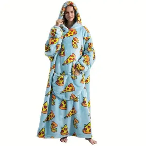[Cozy Fleece Blanket Hoodie] Cozy Fleece Extra Long Wearable Blanket Hoodie with Sleeves - Giant Pocket, Pizza Slice Pattern, Blue - Perfect for Women, Men, Mom