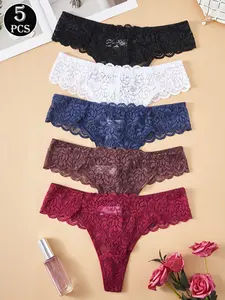 Lace Thong Panties Breathable Stretchy Comfortable Women Underwear for Date Night 5 Pack Floral Low Rise