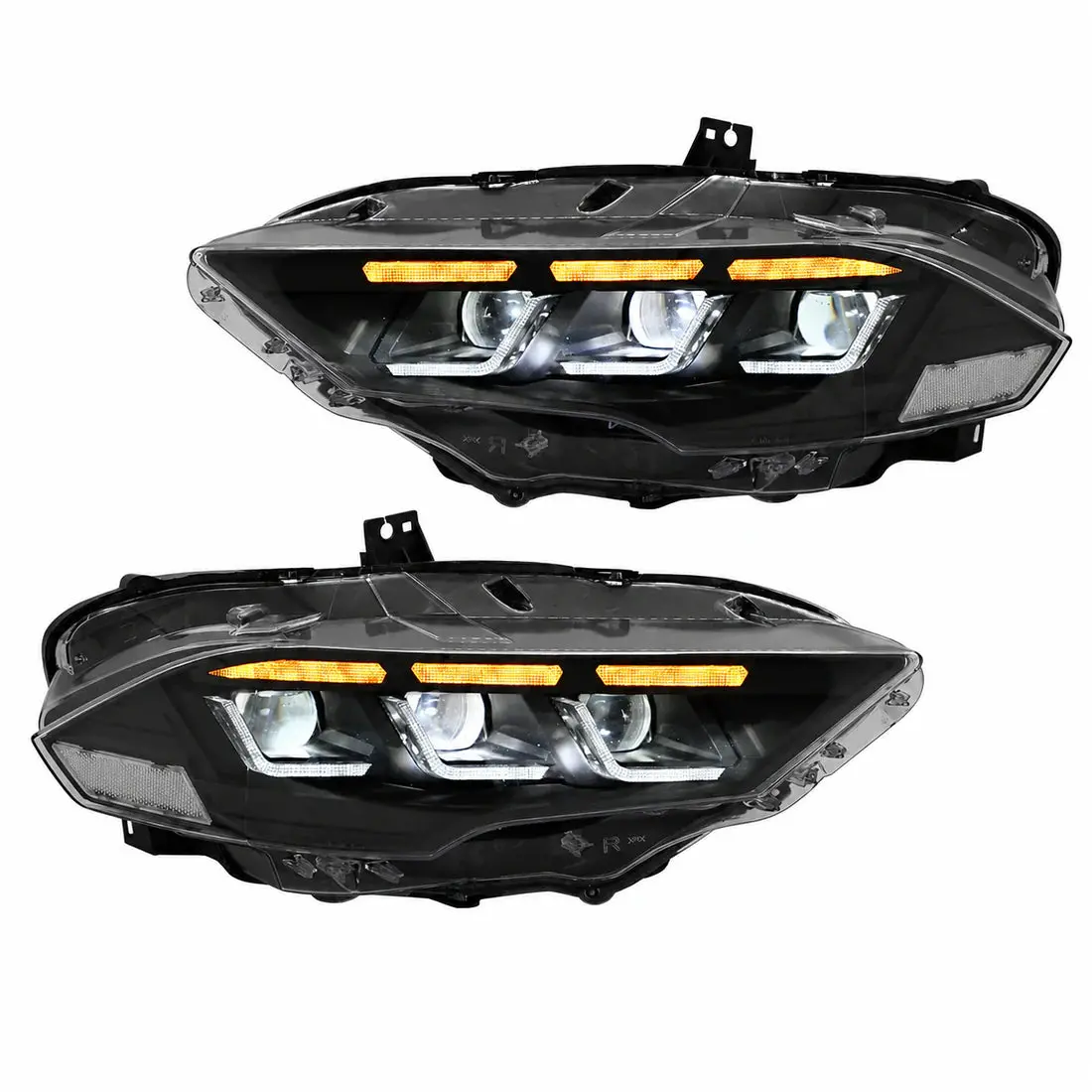LED Triple Projector Headlight Assy for 2018-2023 Ford Mustang S550 Facelift, 12V LED, Aluminum Base, Blade DRL, Day/Night Shift