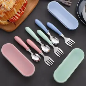 3 PCS Stainless Steel Toddler Utensils Set, Cartoon Cute Kids Fork Spoon with Round Anti Slip Handle, Dishwasher Safe Baby Silverware, Portable with Storage Case, Shatterproof Child Flatware for Lunchbox, Home Dining and Outdoor Travel Use tiktokshopsprin