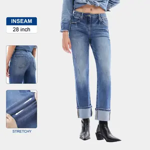 Vintage Straight Leg Jeans for Women - Mid-Rise Cropped  CuffedFigure-Enhancing Stretch Denim with Tummy Control & Casual Boyfriend Fit Y2K Inspired Distressed Ankle Jeans