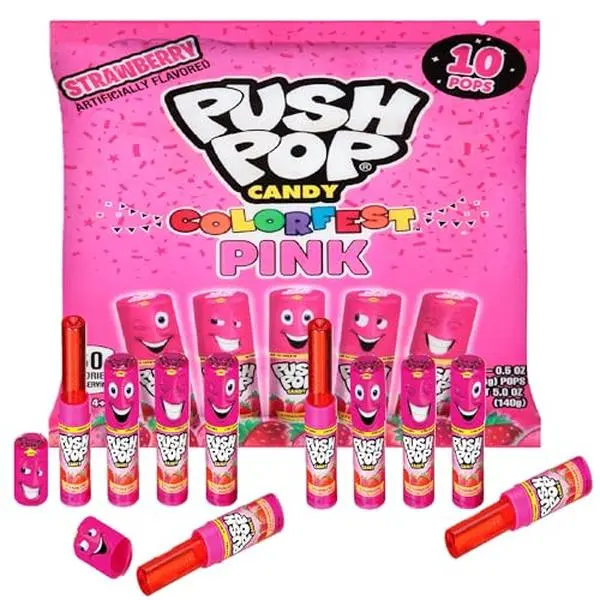 Push Pop Pink Candy Lollipops, 10 Ct Individually Wrapped in Pink Strawberry Flavor, Full Size, Fun Hard Candy Lollipops For Party Favors, Birthday Parties, Goodie Bags, Fun Gifts