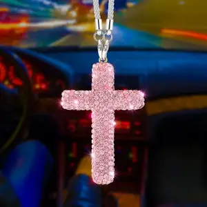 1pc Bling Cross Car Rearview Mirror Hanging Ornament, Handmade Sparkle Rhinestone Cross Pendant for Car Interior Decoration, Perfect Gift for Her, Bling Car Accessories