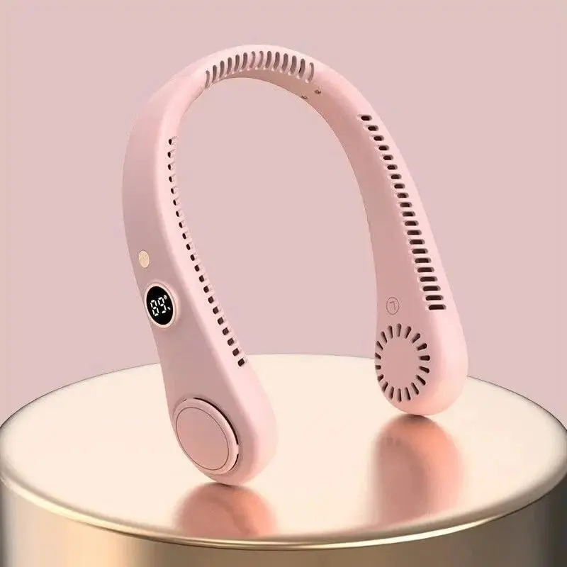 Pink Portable USB Rechargeable Silicone Neckband Lazy Neck-Hanging Dual Cooling Micro Fan with Cable Charging Function