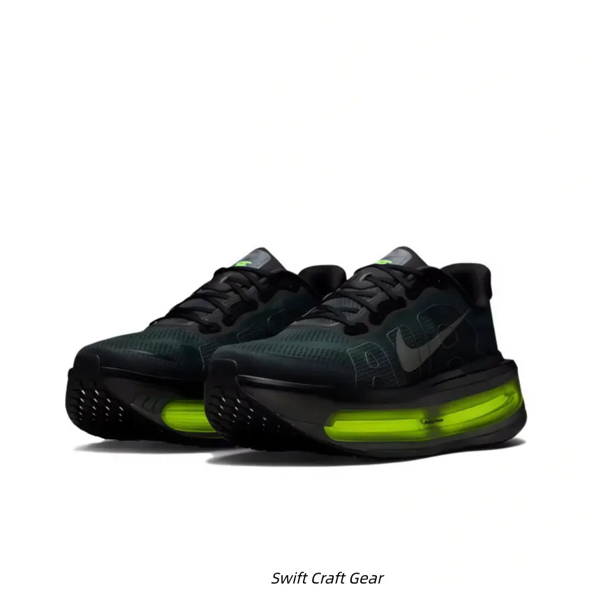 All Black Breathable Knit Mesh Running Shoes Fluorescent Lime Green Visible Shock Cushion Midsole Dot Perforated Anti-Slip Rubber Outsole Extra Thick Stacked Midsole Lightweight Unisex Marathon Jogging Gym Training Athletic Trainers For Men Women