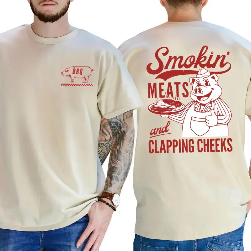 Smokin’ Meats and Clapping Cheeks 2-sided T-Shirt, Funny BBQ Meme Shirt, Retro Pig Graphic Tee For Men And Women