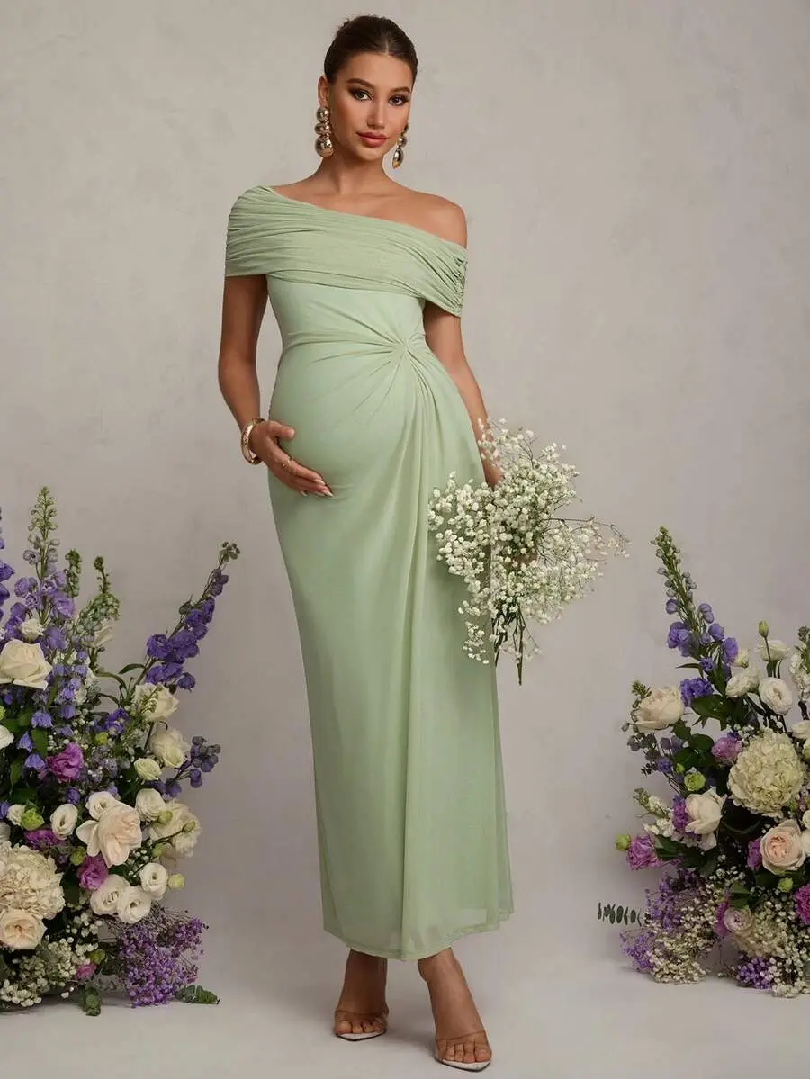 Dress Summer Pregnant Green High-Elasticity, Off-Shoulder, Gathered, Long Comfortable And Elegant For Valentine's Day Fall