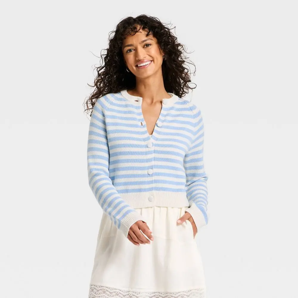 Women's Crewneck Cotton Fabric Cardigan - Basic Everyday Button Garment, Universal Fit