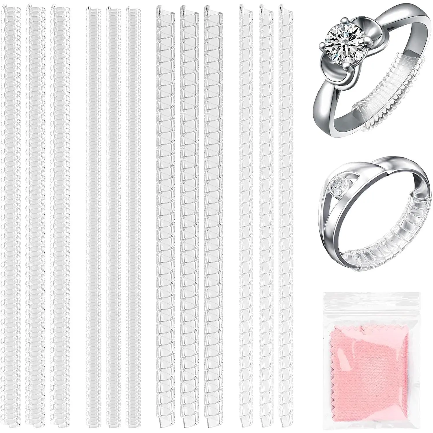 Ring Sizer for Loose Rings, 12 Pack 4 Sizes, Invisible Clear , Non-Slip Adjustable Ring Sizers, Ring Resizer and Tightener Guards, for Women and Men, Make Rings Smaller Without Resizing