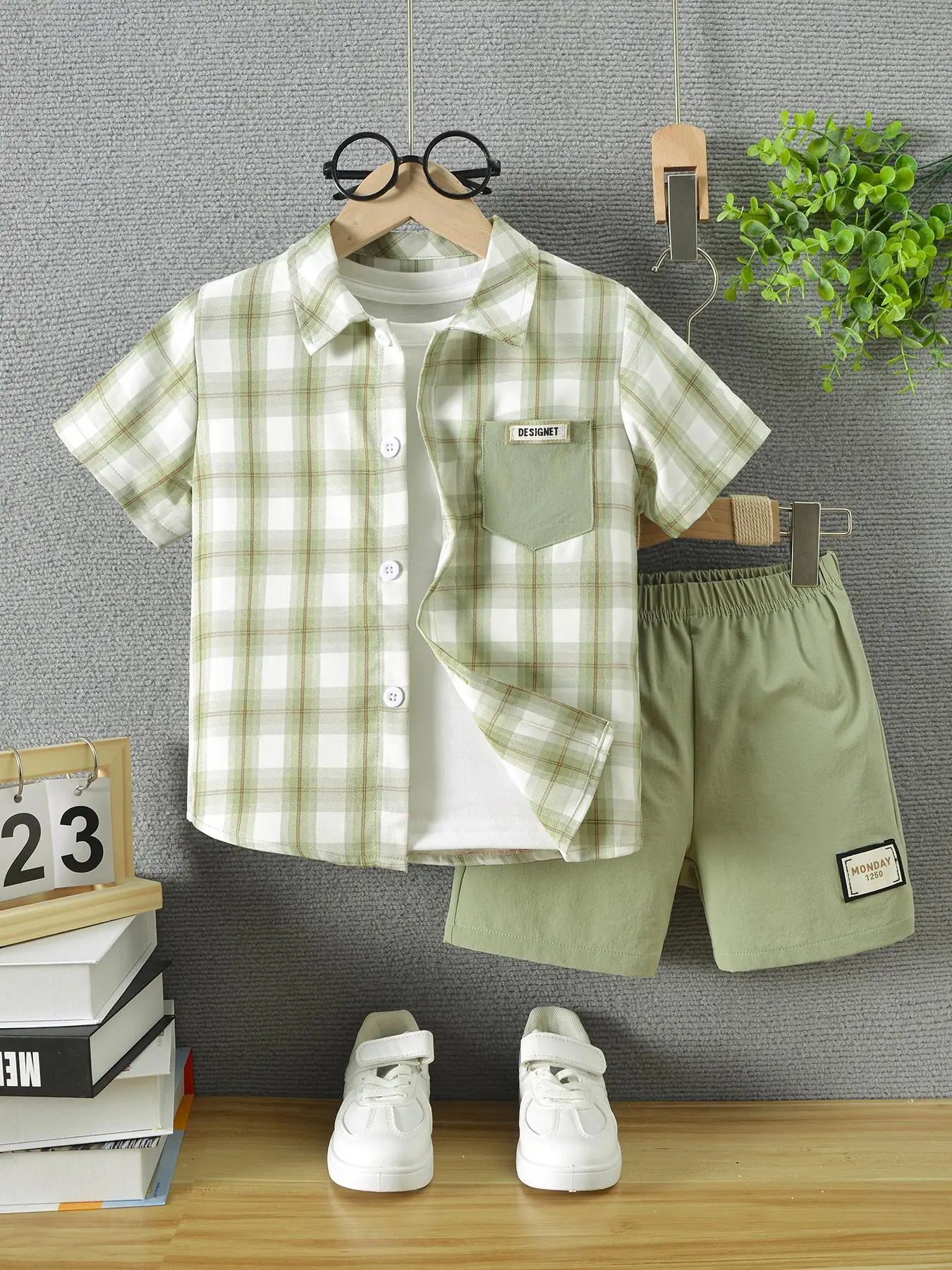 Two-piece Set Boy's Plaid Print Button Front Shirt & Shorts Set, Casual Short Sleeve Collared Top & Shorts for Summer, Kids Clothes for Daily Wear