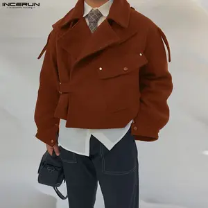 INCERUN Mens Autumn Winter Japanese Street Style Cropped Woolen Jacket Oversized Lapel Loose Fit Drop Shoulder Coat for Casual Streetwear