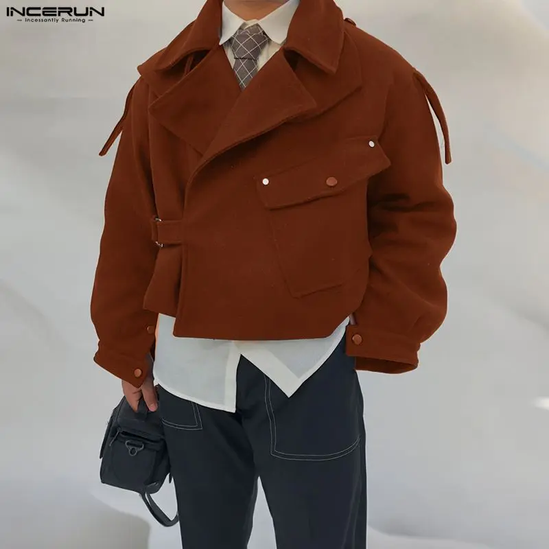 INCERUN Men's Thick Cropped Woolen Casual Collared Coat - Oversized Lapel, Loose Fit, Drop Shoulders, Buckle-Accented, Long Sleeves, Layer-Friendly Japanese Style Top for Autumn Winter Streetwear, Casual Collared Coats