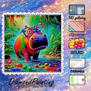 DIY 5D Flocking Cloth Diamond Painting Kit, AB Drill, Fairy Dust Drill, Crystal Drill, Hippo, Colorful, Tropical Diamond Embroidery, Special Craft Art Kit, Wall Decor, Gift for Family, Lover, Friends
