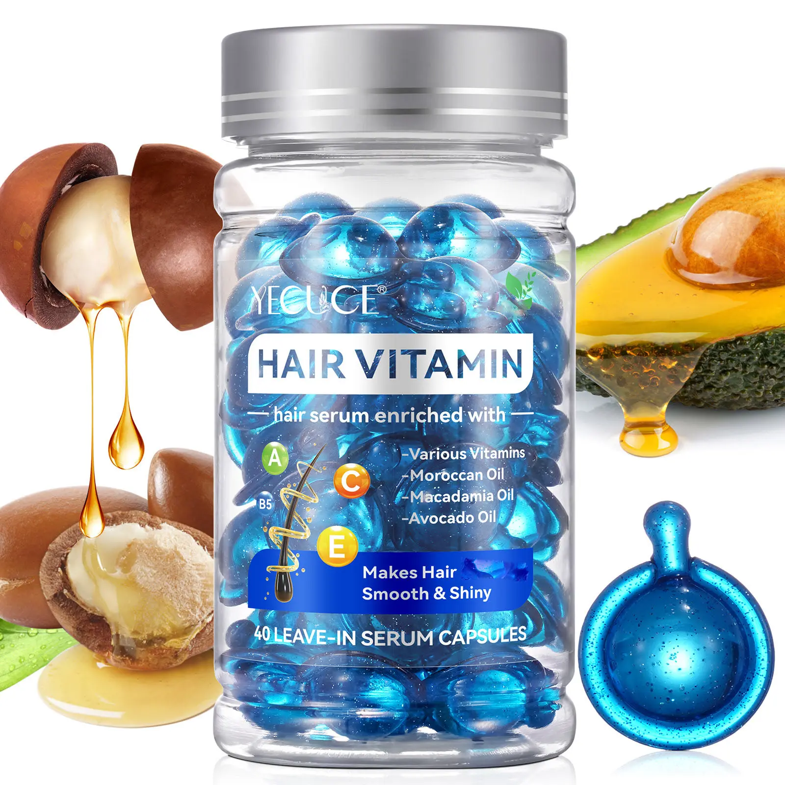 Yecuce Organic Hair Vitamin Capsules (40 Count) - Blue No-Rinse Haircare Treatment with Argan, Macadamia, Avocado Oils, Moisturizer, Scalp Hydration, Normal & Curly Hair Strength for Men & Women, Selfcare Essential, Hydrate, Wavy, Shiny Hair campingessent
