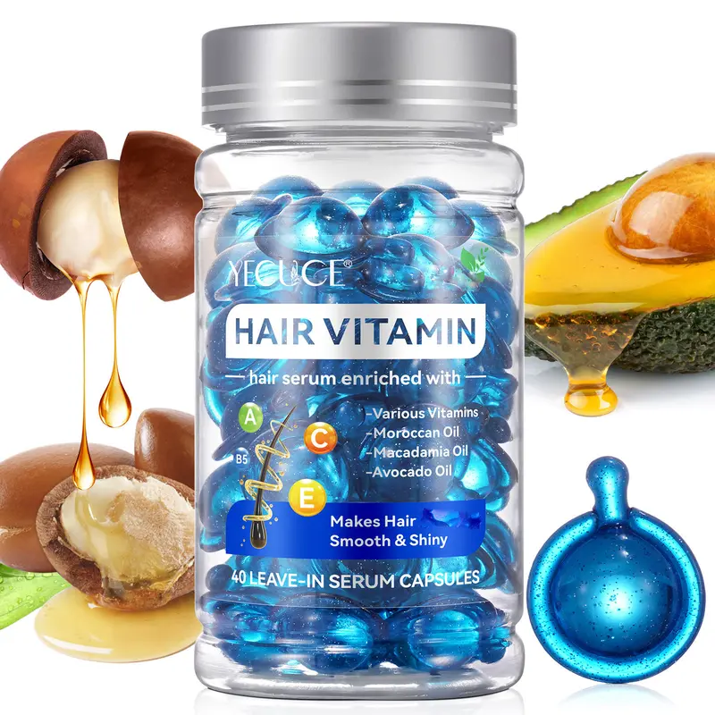 Yecuce Organic Hair Vitamin Capsules (40 Count) - Blue No-Rinse Post-Wash Haircare Treatment with Argan Oil, Macadamia, Avocado, Moisture Formula, Scalp Care, Easy-to-Use Selfcare Essential for Adults' Normal & Curly, Dyed Hair