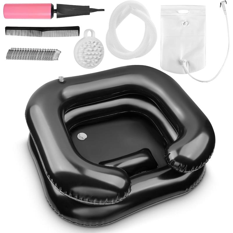 Inflatable Shampoo Basin, Loc Detox Tub for Dreads, Shampoo Buddy Bowl for Bedridden, Disabled,Injured with 2.5 GL Portable Water Shower Bag（Black）