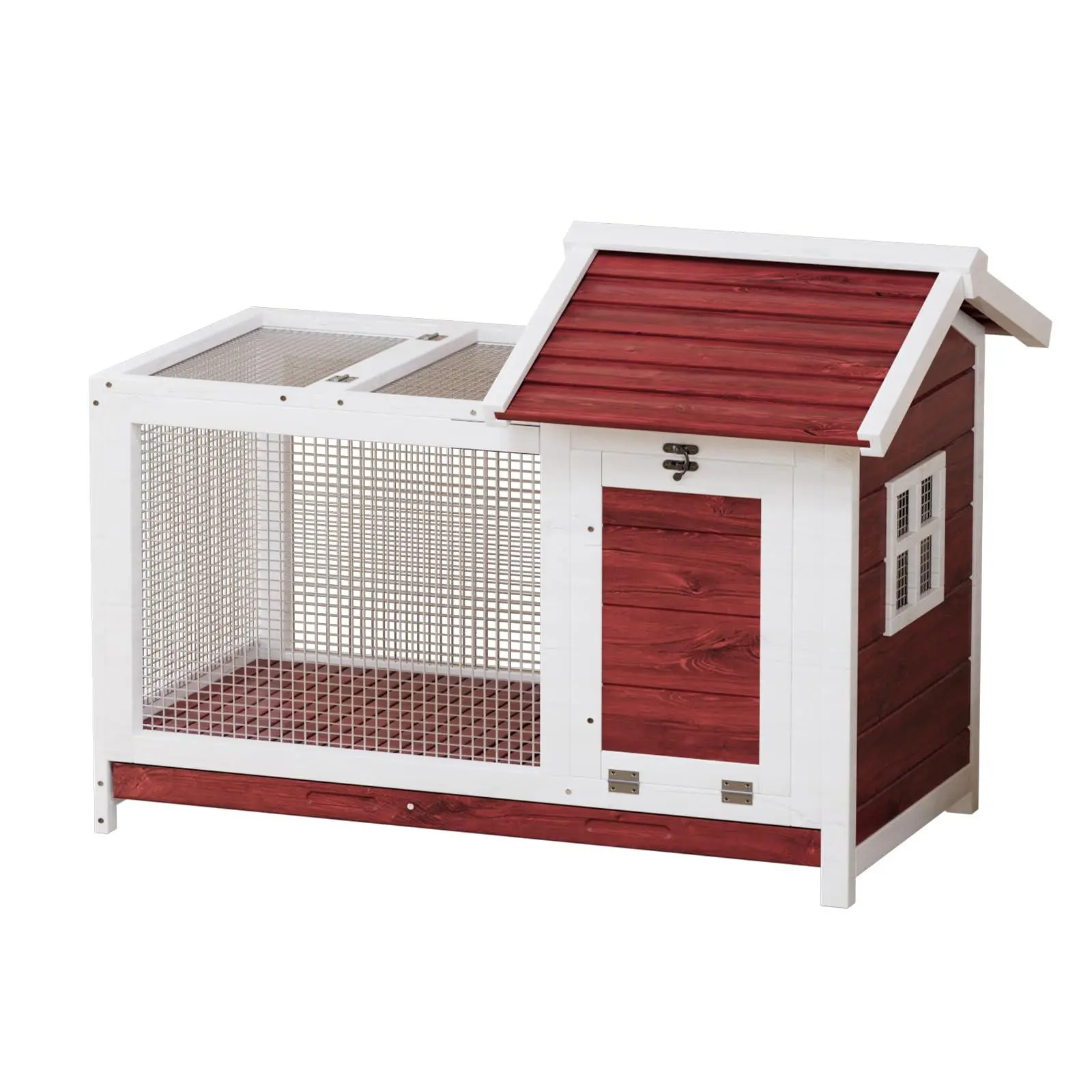 Wooden Rabbit Hutch Indoor and Outdoor, Large Rabbit Cage Chicken Coop Expandable, Weatherproof Bunny Cage with Anti-Chew Metal Frame Ramp for Backyard Small Animals Rufous White