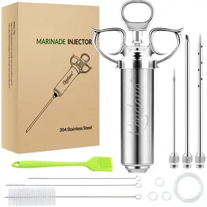 Meat Injector  2-oz Marinade Flavor Barrel 304 Stainless Steel with 3 Marinade  for BBQ Grill , Turkey, Fish, Brisket, Paper  Brush and Instruction Included by
