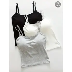 3pcs Women Plain Ribbed Camisole With Padded Bra, Casual Skinny Crop Womenswear Piece Nightwear Tops Comfort Sleeveless Slim Spaghetti Strap