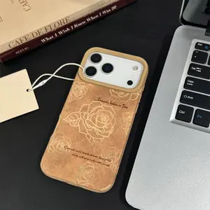 Retro Rose Engraved Leather Phone Case for iPhone 17/16/15/14/13/12/11/X Series，Shockproof TPU + Leather Hybrid Cover with Raised Camera Protection, Anti-Dirt & Scratch Resistant Soft Shell, Elegant Floral Design for Women