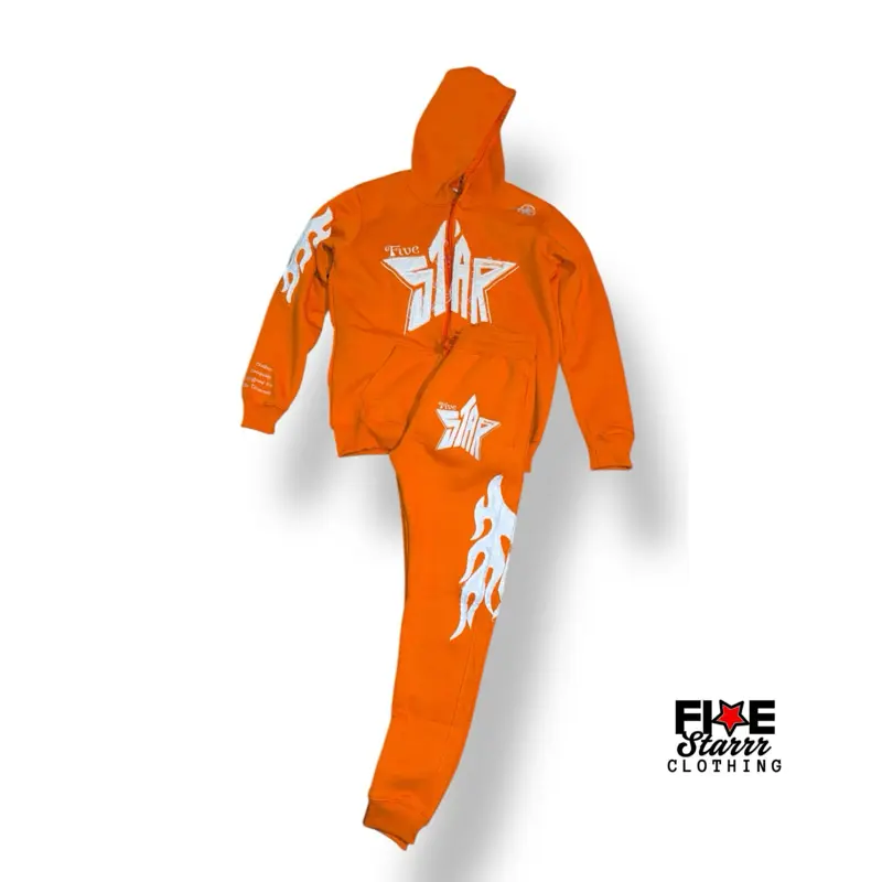 Five Starrr Set - Orange Hooded Sweatshirt with Logo and Orange Pants, Ideal for Casual Outings