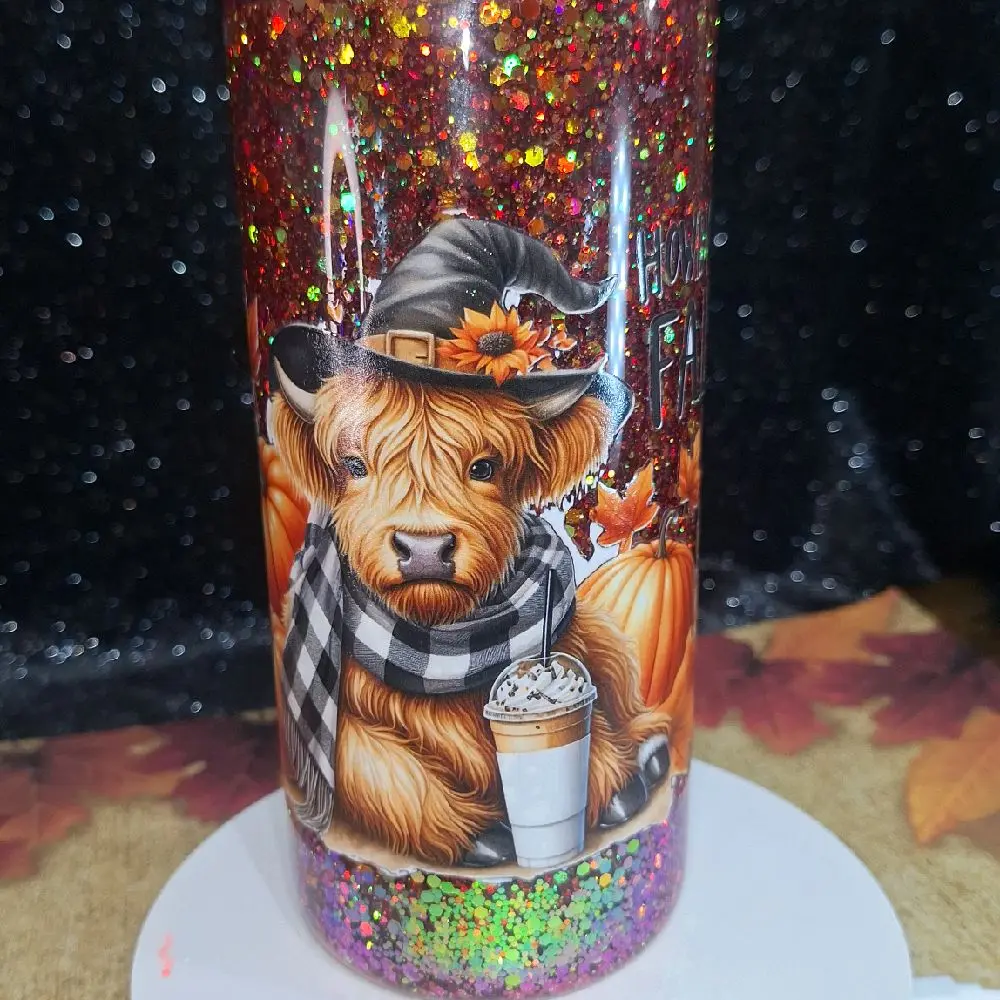 Howdy Fall Highland Cow Tumbler 16-18oz Dark Floral Design with Glitter & Pumpkin Theme Glass Handled Snowglobe Drinkware Mug