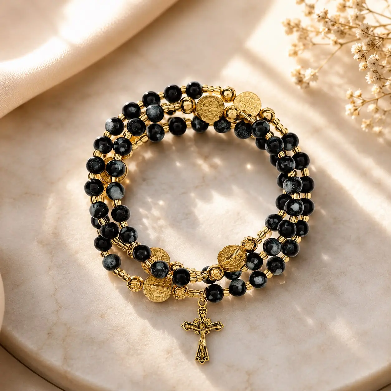 SAINT BENEDICT BLACK MARBLE WRAP BRACELET