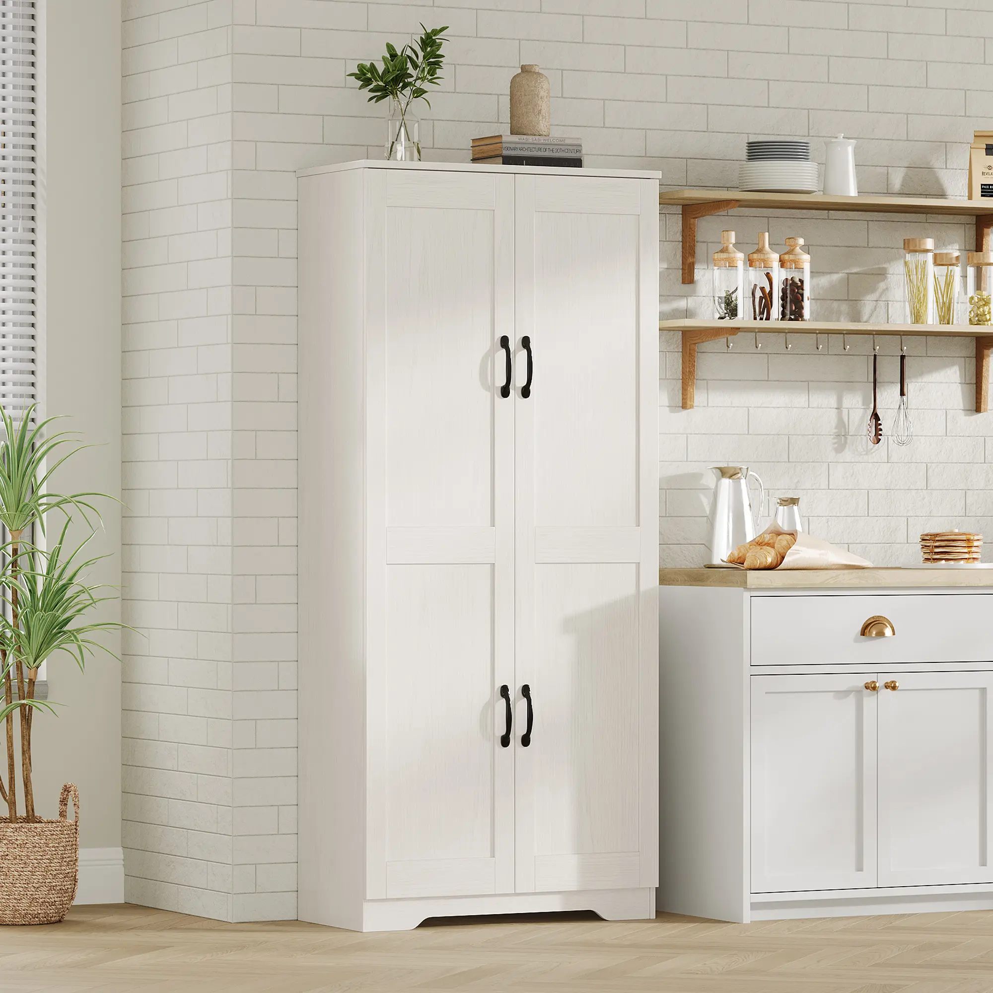 60" Tall Pantry Cabinet with 2 Doors, 4 Tiers Freestanding Larder Cupboard with Anti-tipping Kits & Adjustable Shelves, Modern Pantry Storage Cabinet Unit with 2 Doors for Dining Room