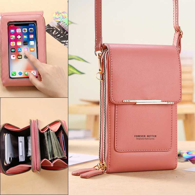 Touchscreen Sensitive Phone Bag with Multi-Color Options, No Need to Take Phone Out, Clear Window Crossbody Purse, 3 Card Slots & Secure Dual Zipper Wallet