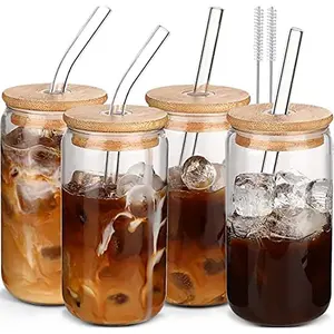DWTS DANWEITESI Bamboo 4 Pcs Glass Cups with Straw & 2 Brushes - Clear Coffee Drink Tumblers 16 oz Borosilicate Material for Beverages Tea & Latte Wooden Drinkware Jar Lid Set Reusable Smoothie