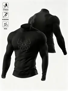 Men's Compression Long-Sleeve Shirt, Compression Tops, Compression Activewear, Stretchy Quick-Dry Fabric, Mock Neck Slim Fit, with Spider Graphic Print, Fitness Running Ride, Minimalist Compression Tops, Compression Sports Top