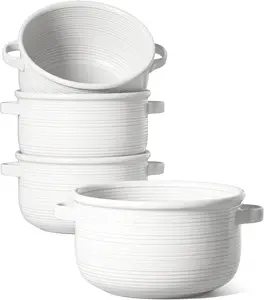 Soup Bowls with Handles, Ceramic French Onion Soup Bowls 28 Ounces for Soup, Cereal, Chilli, Beef Stew, Stackable Serving Bowls Set, Oven Microwave Dishwasher Safe, Set of 4, White