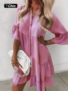 Women's Casual Loose Fit Dress with Ruffle Sleeve Design, Pleated, Button Closure, Perfect for Daily Wear, Elegant Comfortable Summer Womenswear