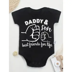 Cute Baby Bodysuit With Daddy And Son Best Friends For Life Print Soft Versatile Round Neck Button Detail Regular Fit All Seasons Knitted Fabric Onesie For 0-12 Months