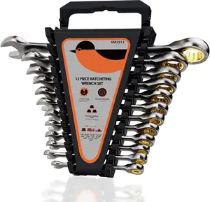 SAE Ratcheting Wrench Set 12- (1/4"-7/8") Chrome Vanadium Steel 15K+ Cycle Locked Gears Nickel Plated 72- 5 Swing with Organize for Bicycles