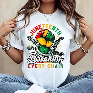 Juneteenth Breaking Every Chain Since 1865 Fist And Chains Print T Shirt White Crew Neck Casual Wear For Everyday And Sports Activities