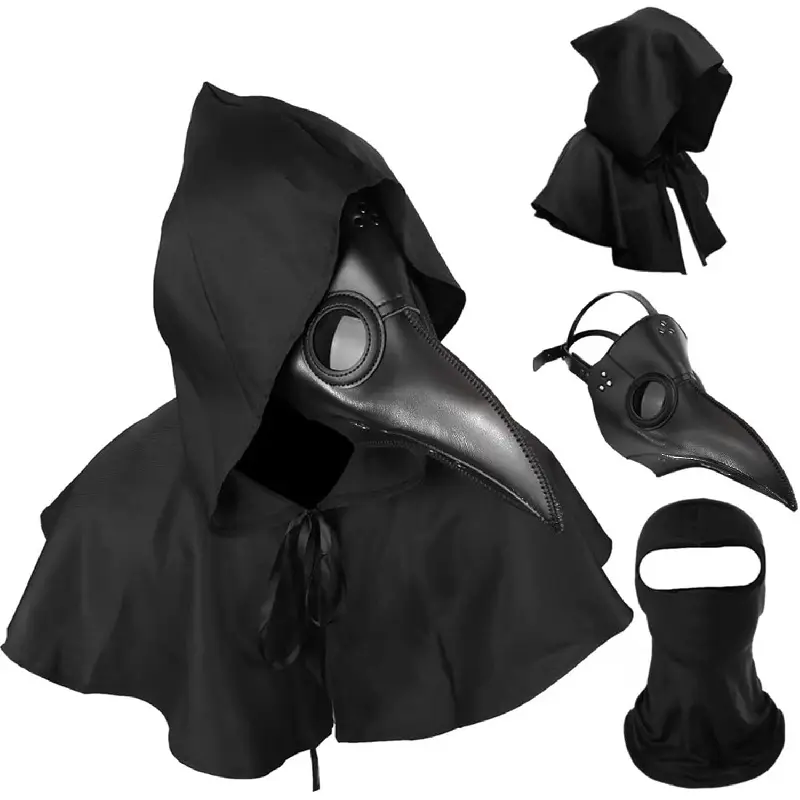 Men's 3-in-1 Plague Doctor Costume Outfit - Horror Creative Mask, Spooky Beige-Black Plain Cloak, Adult Halloween Festive Party Accessory, Creative Masks, Horror Mask