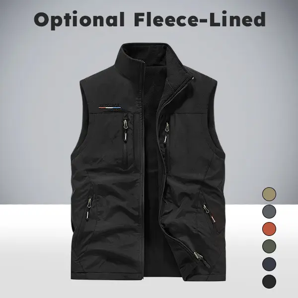 Men’s fleece-lined (optional) outdoor vest with multiple zippered pockets, stand collar, sleeveless jacket—suitable for mountaineering and everyday wear