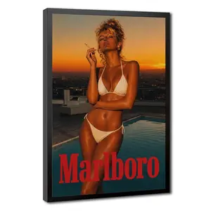 Vintage Marlboro Sunset Pool Pinup Canvas Wall Art - Retro 90s Aesthetic Bikini Girl Print, Classic Marlboro Ad Style Decor for Man Cave,Marlboro Poster, Framed/Unframed Multiple Sizes