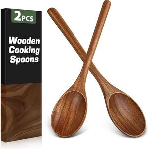 2 count Wooden Spoons for Cooking,  Acacia  Cooking Spoons, Large Serving Spoons for Nonstick Cookware, Heat Resistant Durable Wooden Kitchen Utensils for Mixing Salad, Serving and Stirring