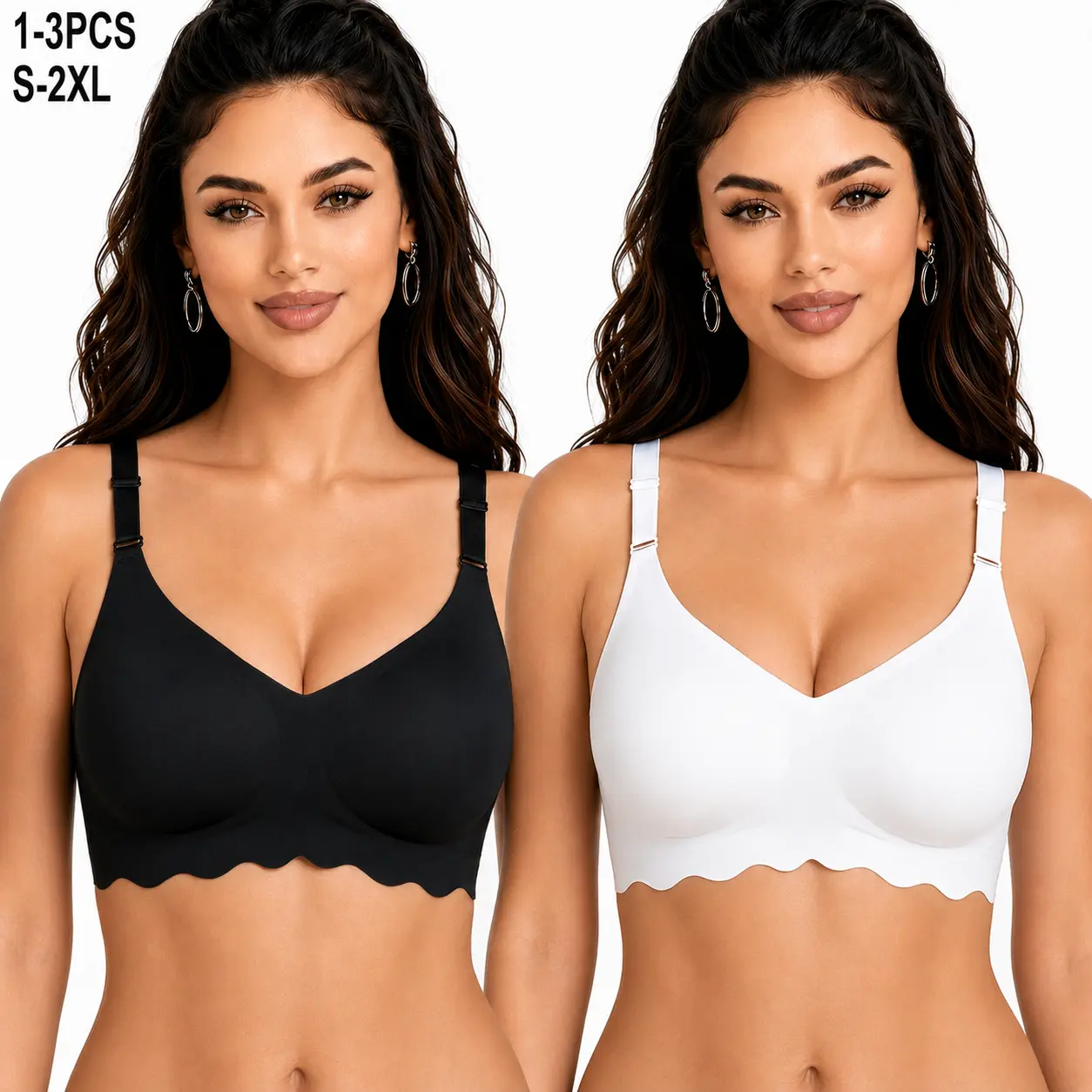 1/2/3-Pack Women's Wireless Jelly Bras – Seamless Deep V Bralettes with Scalloped Edge, Soft Everyday T-Shirt Bras, S–2XL