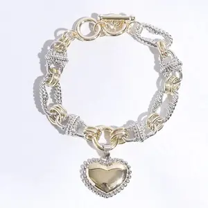 Puffy Heart Charm Twisted Links Bracelet Gold Heart Charm Braided Link Design Everyday Fashion Accessory